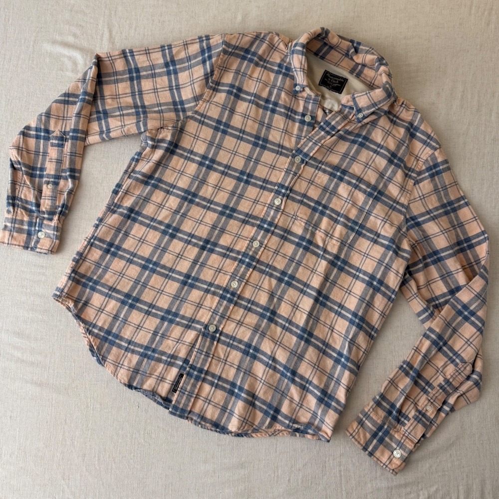 Abercrombie & Fitch Mens‎ XL Flannel Plaid Button Down Peach Blue Long Sleeve - Picture 2 of 8